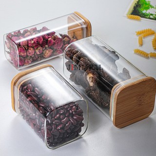 Hũ Thủy Tinh Vuông, Hộp Thủy Tinh Vuông, Lọ Thủy Tinh Vuông Nắp Gỗ Đựng Thực Phẩm, Đồ Khô, Ngũ Cốc