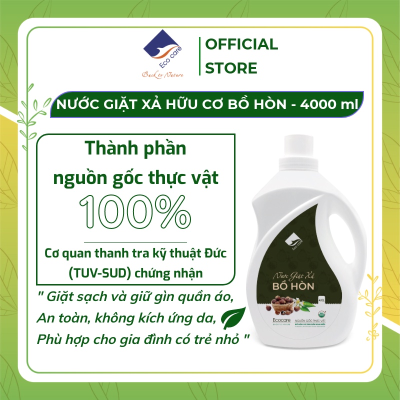 Nước giặt xả hữu cơ bồ hòn Ecocare 4000ml tinh dầu hoa bưởi, thành phần hoàn toàn tự nhiên