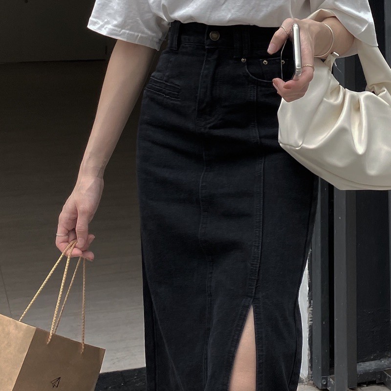 CHÂN VÁY BÒ DÀI XẺ 1 BÊN