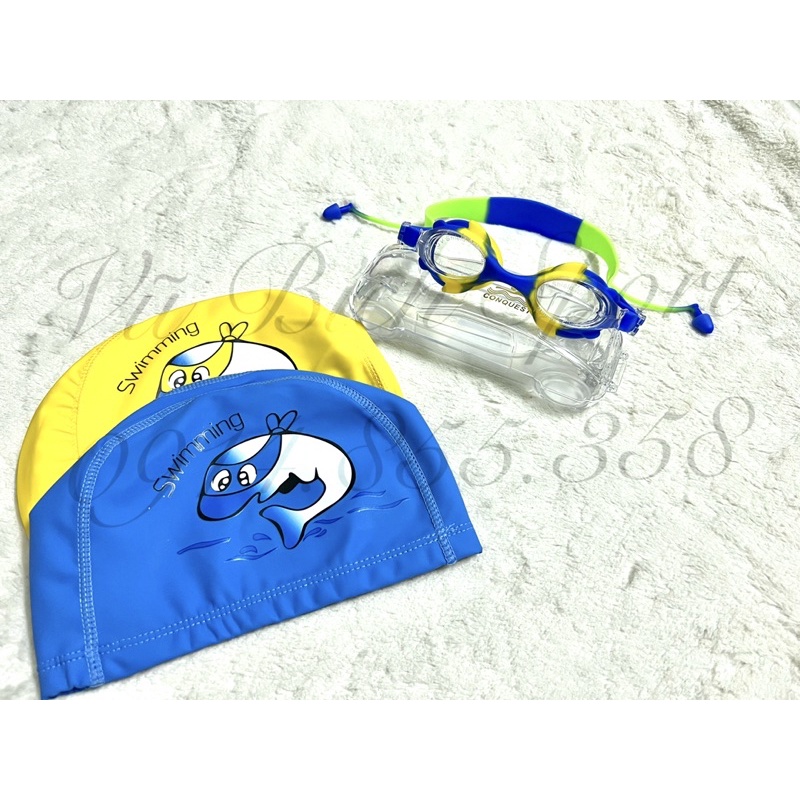 Combo 1 Nón Bơi Vải chống nước + Kính Bơi Conquest BL15 cho bé + Kèm nhét tai bơi