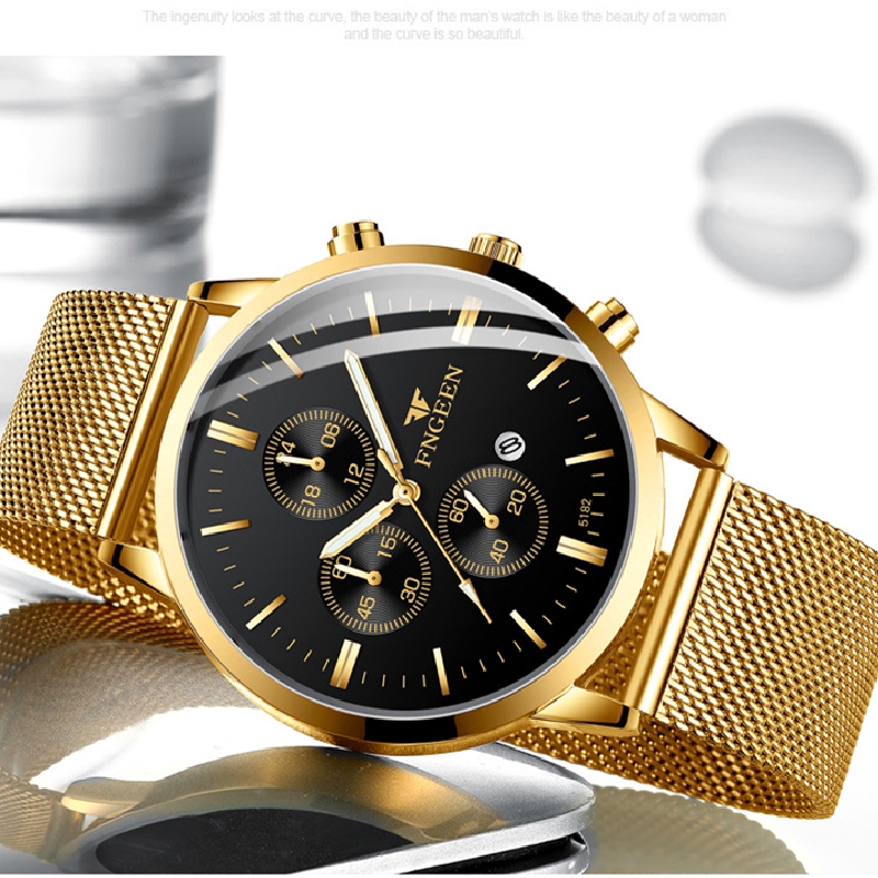 Đồng Hồ Quartz Fngeen 5128w Thiết Kế Dây Đeo Họa Tiết Lưới Cho Nam