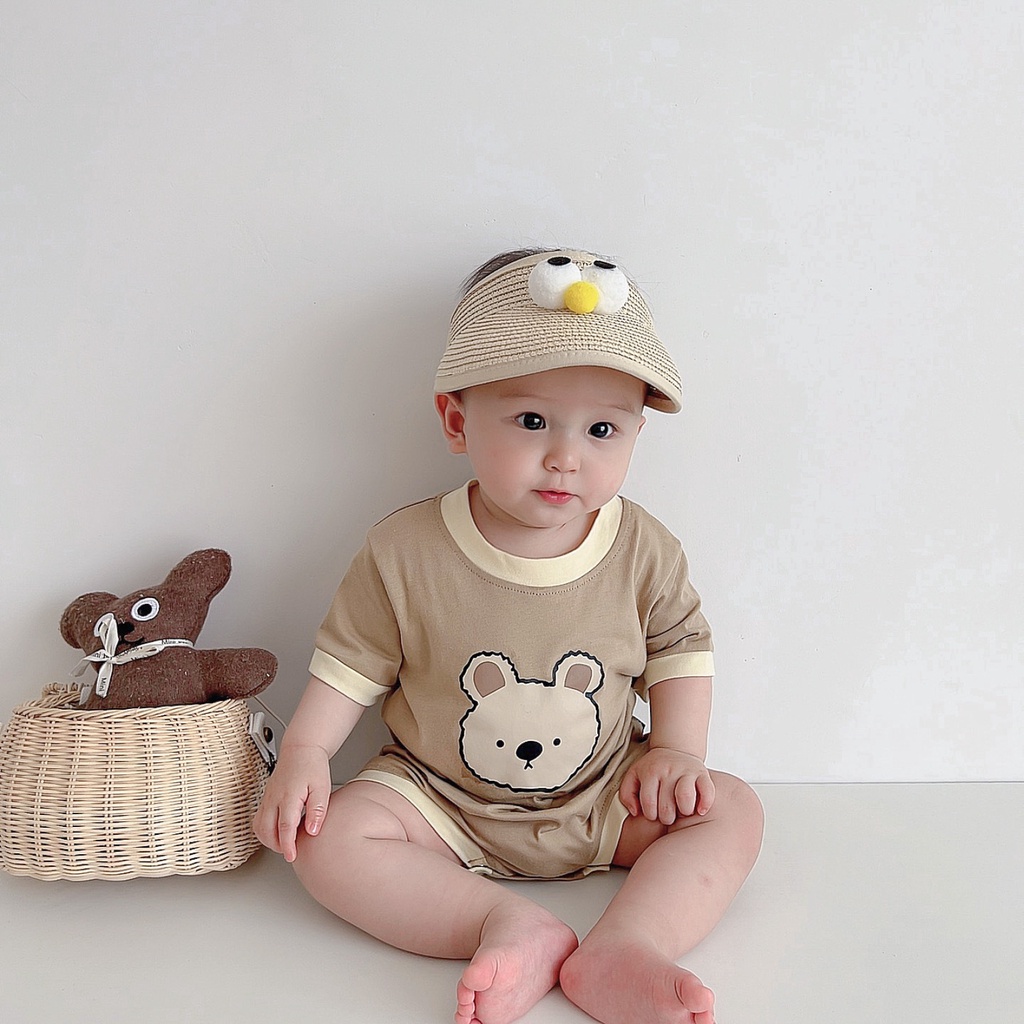 Bộ Áo Liền Quần Tay Ngắn Chất Cotton Mỏng Nhẹ In Họa Tiết Hoạt Hình Chú Gấu Phong Cách Hàn Quốc Thời Trang Cho Bé Trai Và Gái