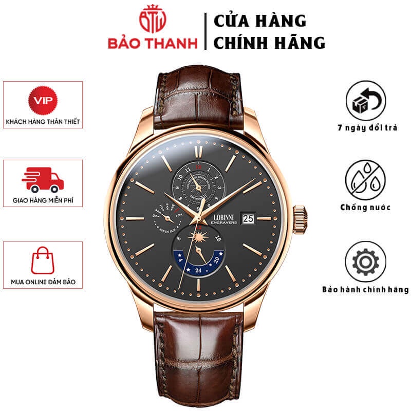 Đồng Hồ Nam LOBINNI No.815-2 Chính Hãng BH 24T Chịu Nước 50m Kính Chống Xước Dây Da Cao Cấp (Máy Cơ Tự Động)