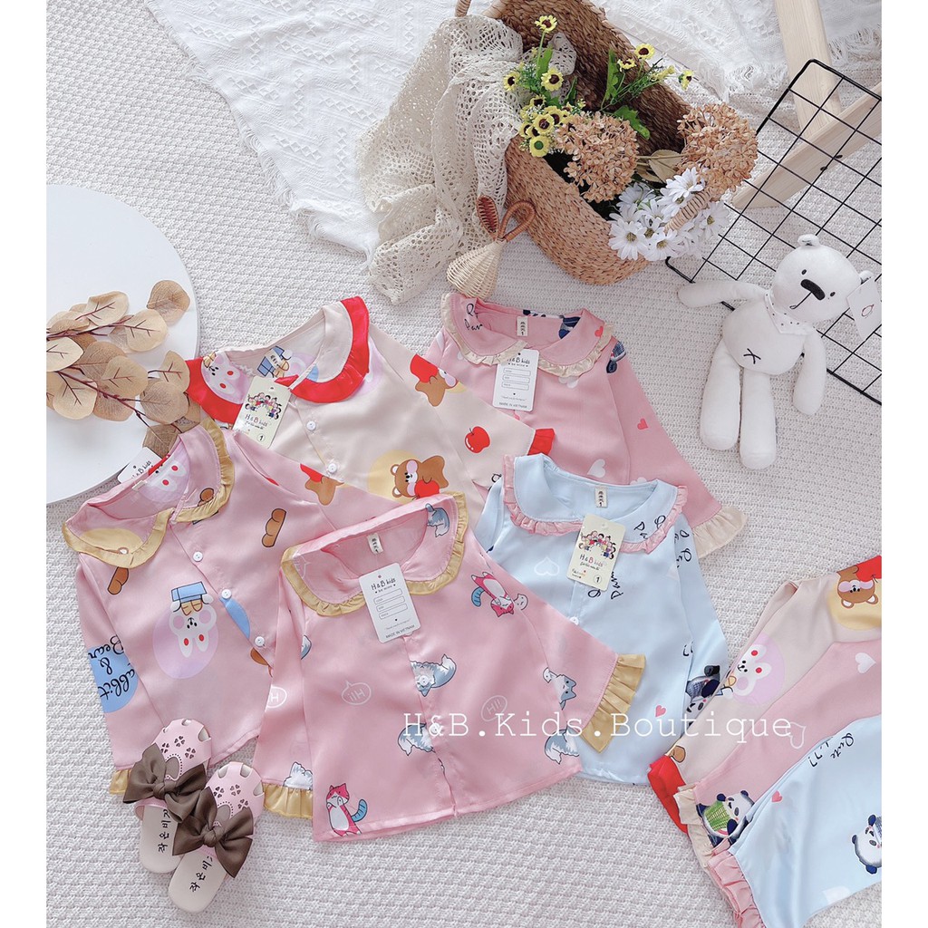 Bộ Ngủ Pijama Dài Tay Bé Gái Chất Lụa Satin Viền Bèo Cực Đẹp Cho Bé, Bộ Dài Tay Bé Gái Mặc Nhà Unchi Store (V466)