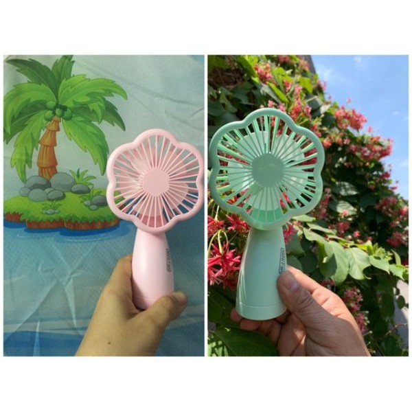 (SIÊU SALE) Quạt mini cầm tay để bàn hình hoa, 3 chế độ gió, kèm pin, dây sạc, full hộp, thiết kế đẹp, chắc chắn, bền