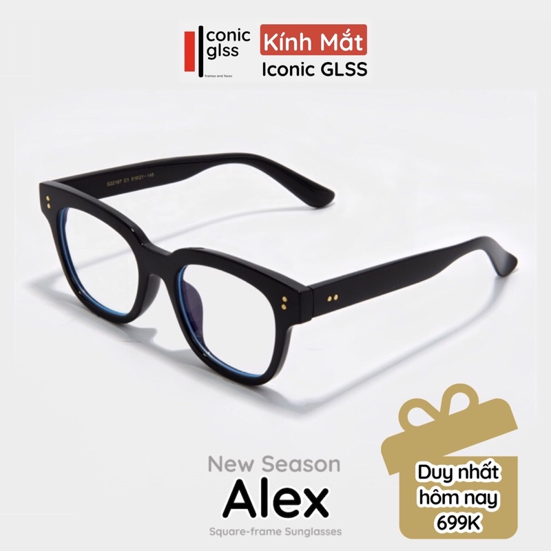 Gọng kính cận dáng vuông ALEX IconicGLSS thời trang nam nữ chất liệu acetate cao cấp tròng mắt giả cận chống tia uv400