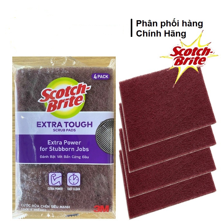 Gói 4 Miếng Chữ Nhật Cước cọ rửa Scotch Brite 3M 7447 Mạnh hơn inox (10x15cm)