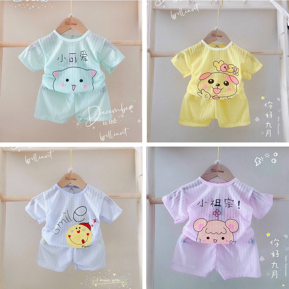 Bộ cộc cotton giấy màu cai vai in hình dễ thương cho bé 0-15kg