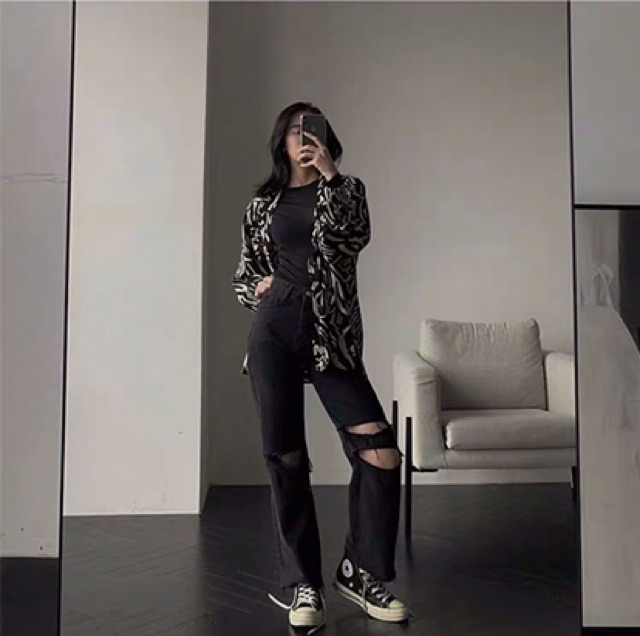 [ORDER Quần jeans rách ống rộng màu đen eo cao Ulzzang siêu chất ❤️ | BigBuy360 - bigbuy360.vn