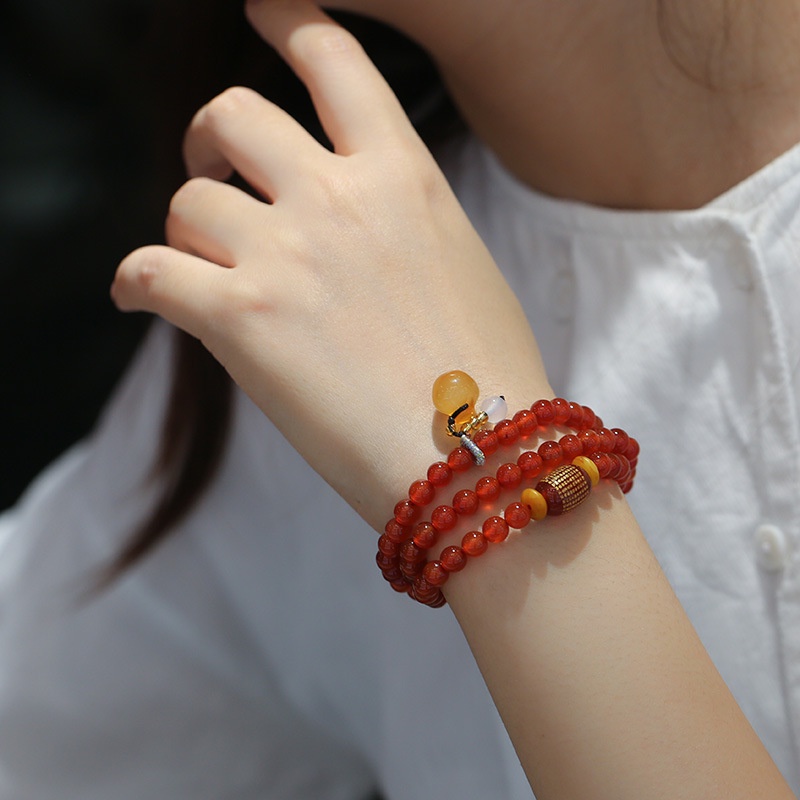 [Hàng Mới] Vòng Đeo Tay Mã Não Ba Vòng Phong Cách Dân Tộc Retro Dạng Chuỗi Hạt Táo