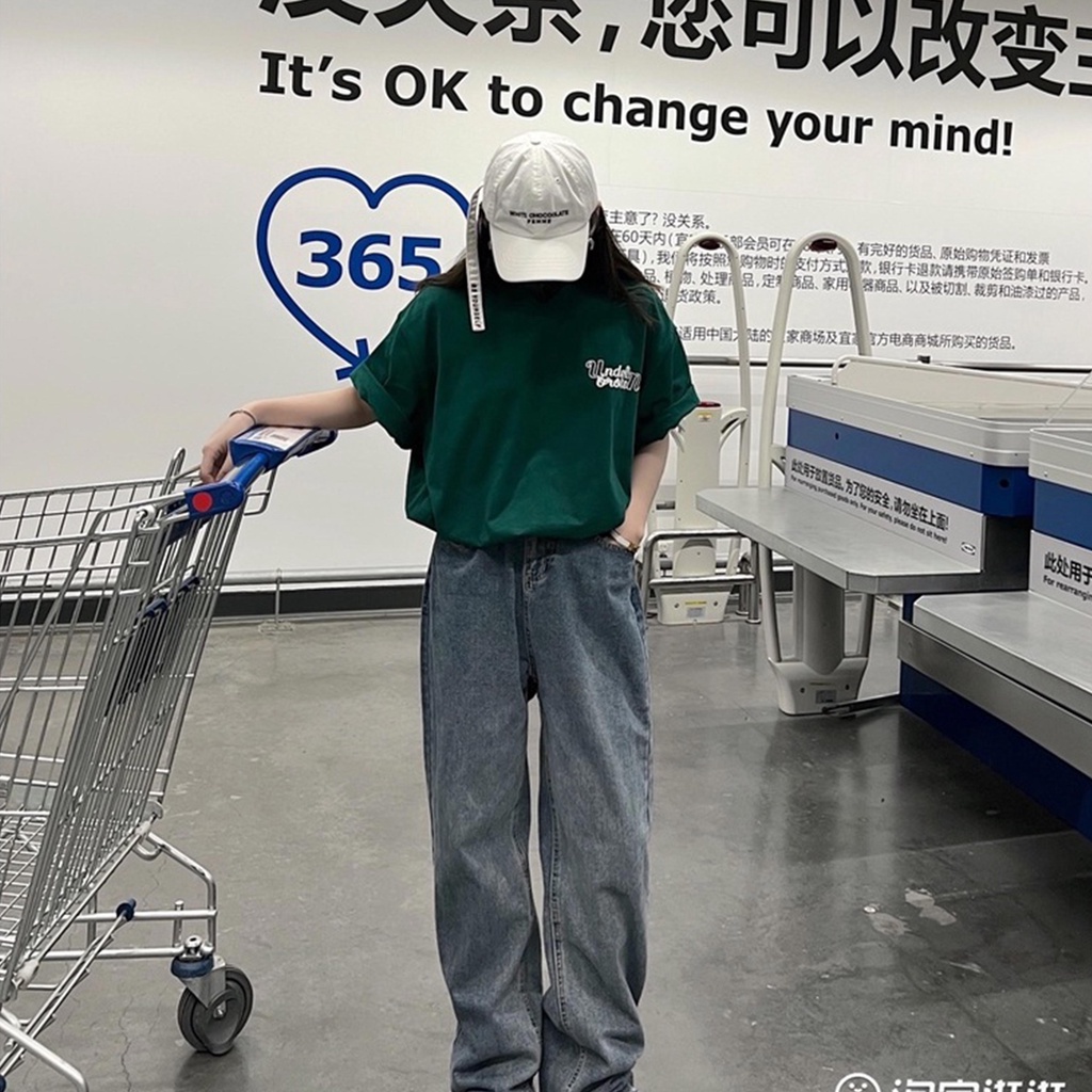 Áo thun xanh lá NELLY chất cotton 100% dáng rộng tay lỡ in hình Under Broken