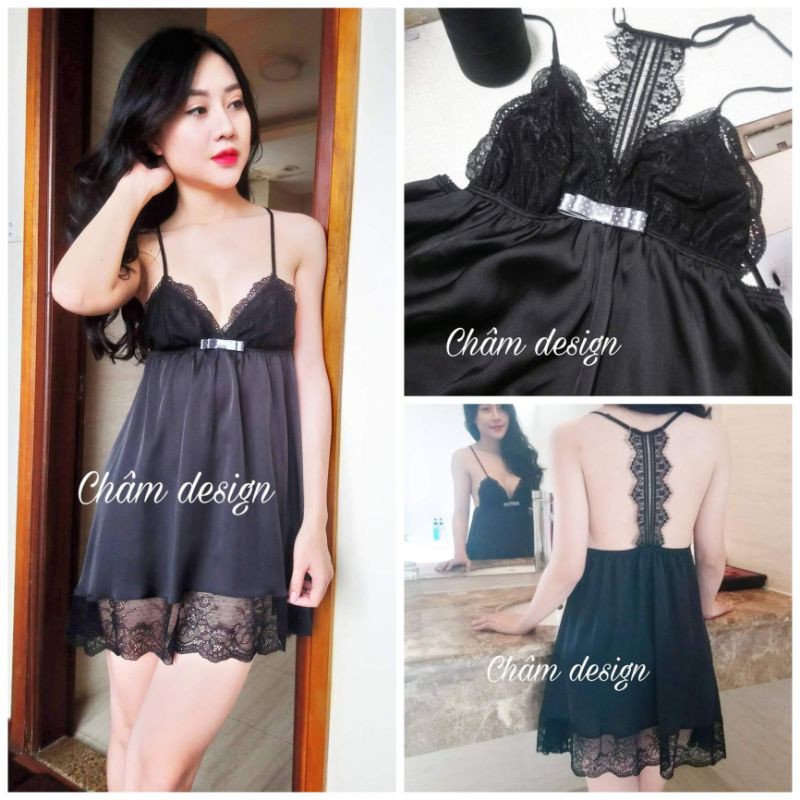 váy ngủ lụa satin đen pha ren gắn nơ bị xinh xắn. Hàng thiết kế độc quyền.