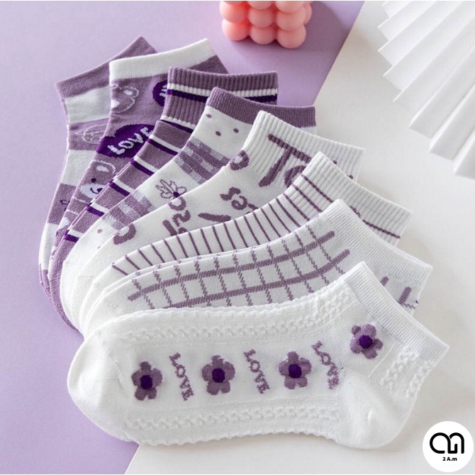Tất Vớ Cổ Ngắn Nữ Họa Tiết Gấu Dễ Thương Chất Liệu Cotton Màu Tím Đẹp Thời Trang