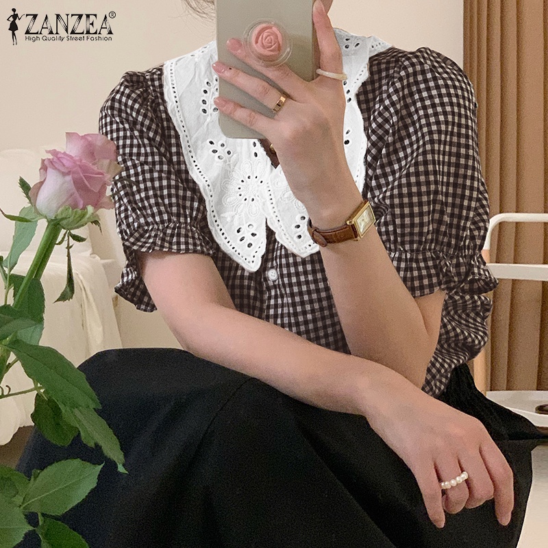 Áo kiểu ZANZEA tay phồng cổ bẻ họa tiết sọc caro phong cách đường phố thời trang cho nữ