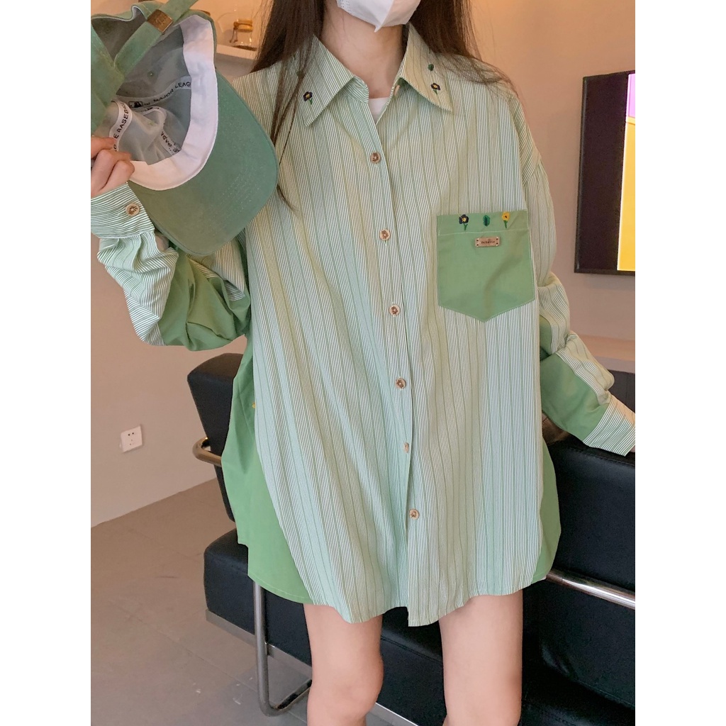 Áo Sơ Mi Nữ Dài Tay Cổ Bẻ Form Rộng Họa Tiết Sọc Vintage Thời Trang