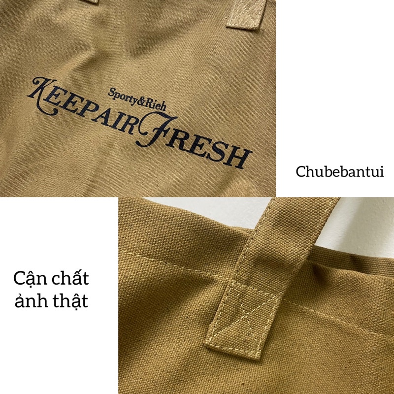 Túi Tote vải canvas màu Nâu nam nữ unisex, Túi đeo vai in chữ KEEP AIR FRESH phong cách Ulzzang