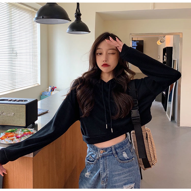 Áo Hoodie Ngắn Mỏng Dáng Rộng Màu Trơn Phong Cách Hàn Quốc Thời Trang Mùa Thu Hàng Mới Dành Cho Bạn Nữ