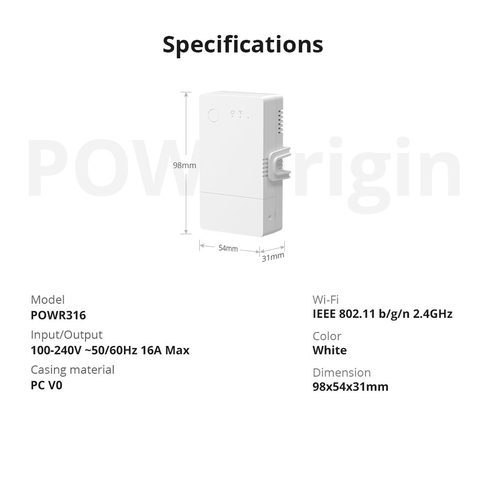 Công Tắc Thông Minh Wifi Sonoff Pow Origin 16A đo công suất, app eWeLink, Tasmota Homekit Matter