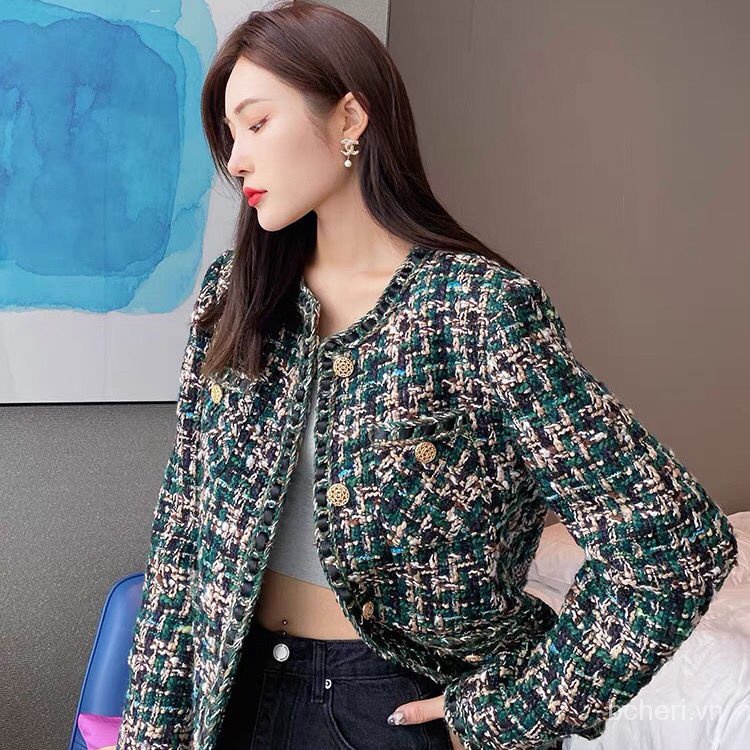 áo khoác dạ tweed nữ thu đông 2021 Năm Retro dáng ngắn xanh | BigBuy360 - bigbuy360.vn