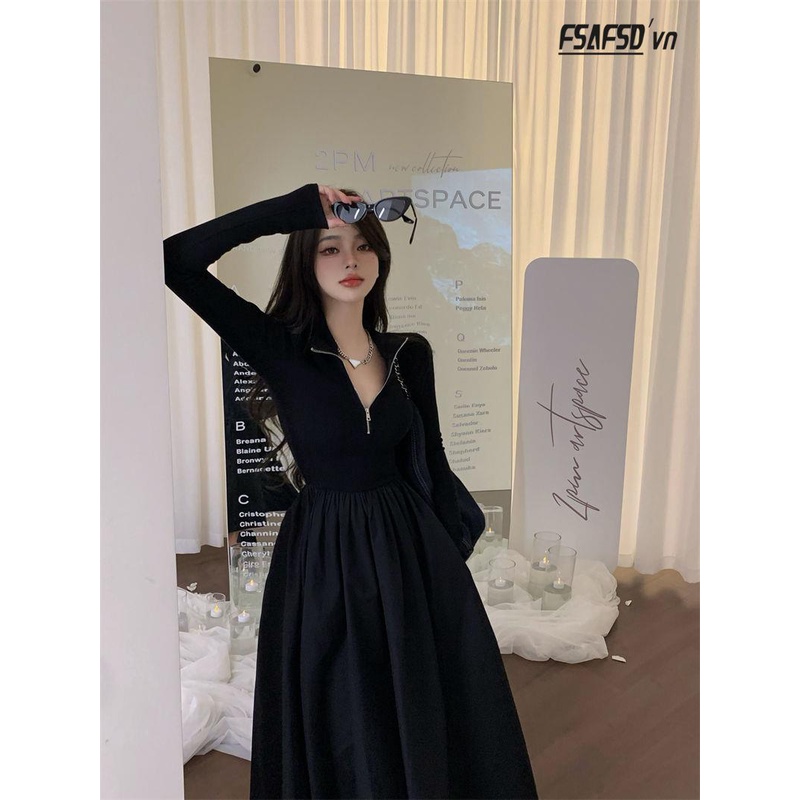 Đầm Nữ Tay Dài Ôm Eo Màu Đen Phong Cách Pháp Thời Trang Quyến Rũ