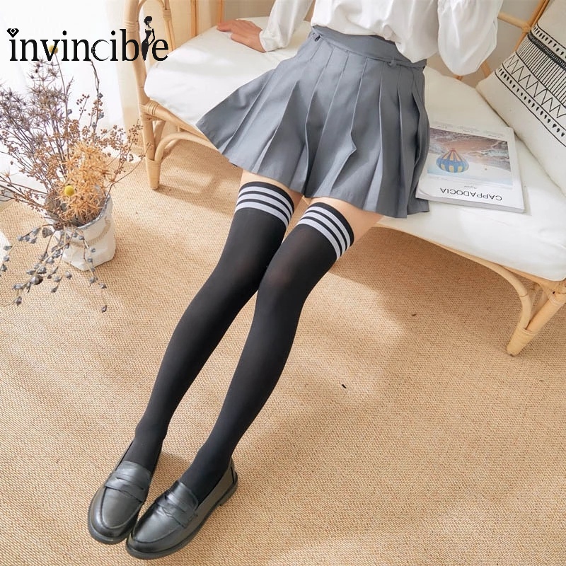 Women Striped Lower Knee Thigh High Stockings/ Girls Fashion Sexy Cotton Solid Color Casual Sock/ Autumn Winter Thermal Socks