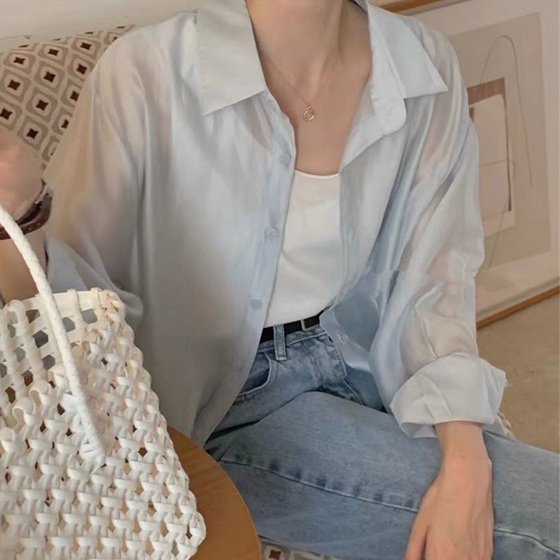 Áo sơ mi IELGY tay dài dáng rộng màu trơn xẻ lưng thời trang cho nữ