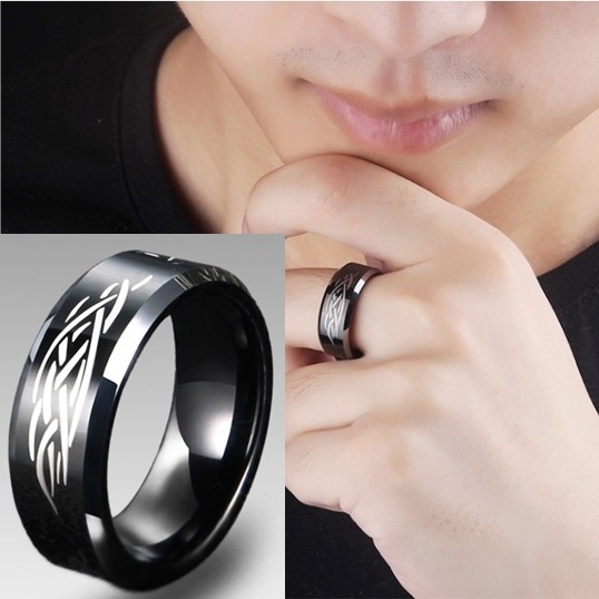 Nhẫn nam trơn đen kèm hoa văn trắng chất liệu vonfram cao cấp không gỉ bề mặt 8 mm