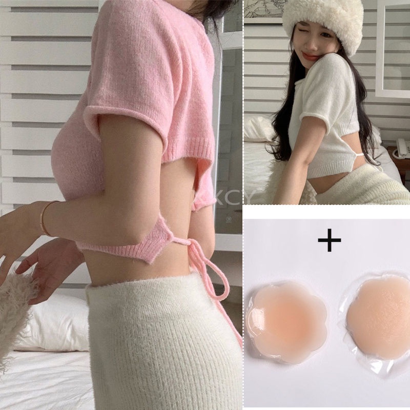 Áo Croptop Hở Lưng Quyến Rũ Phong Cách Âu Mỹ Cá Tính áo thun cotton nữ，buộc lại phần trên được cắt xén，áo thun trắng trơn nữ