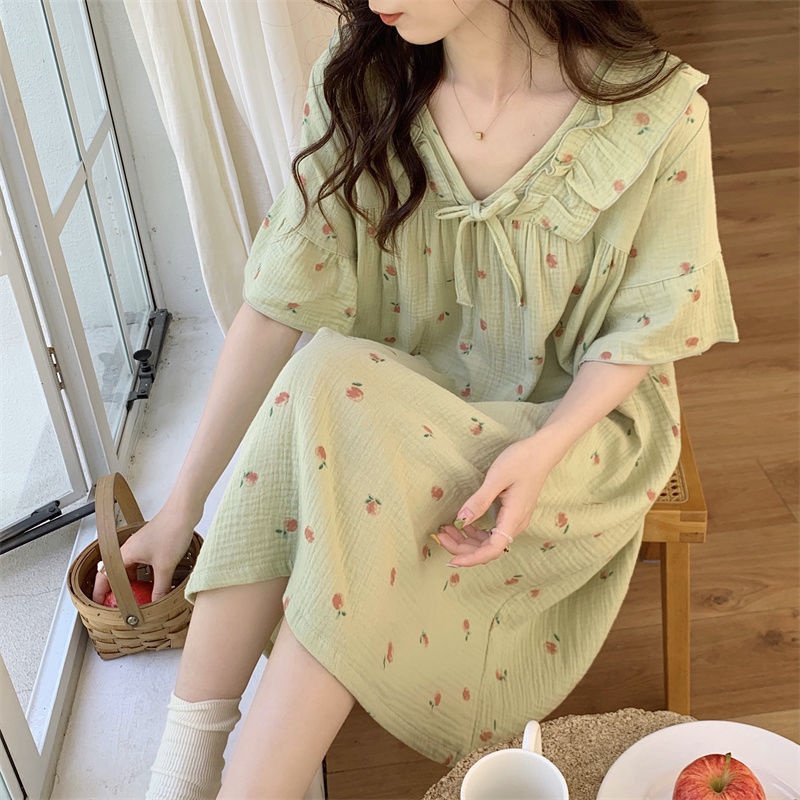 Long Dress Short Sleeved Nightwear Bigsize Short Sleeve Nightgown Wide Design Cute Summer Fashion For Women