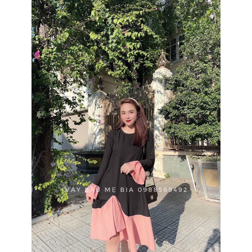 Đầm bầu công sở Váy bầu đẹp màu đen phối chân hồng tay loe hồng MYC 5