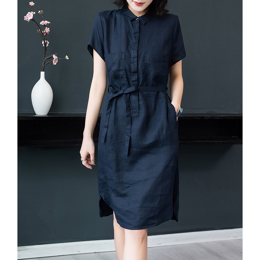 Đầm Linen bột dáng suông cổ sơ mi 2 túi ốp ngực trẻ trung không kén dáng mặc