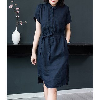 Đầm suông công sở cổ sơ mi 2 túi ốp ngực SLINEN, chất vải Linen bột Premium, form suông giấu bụng.