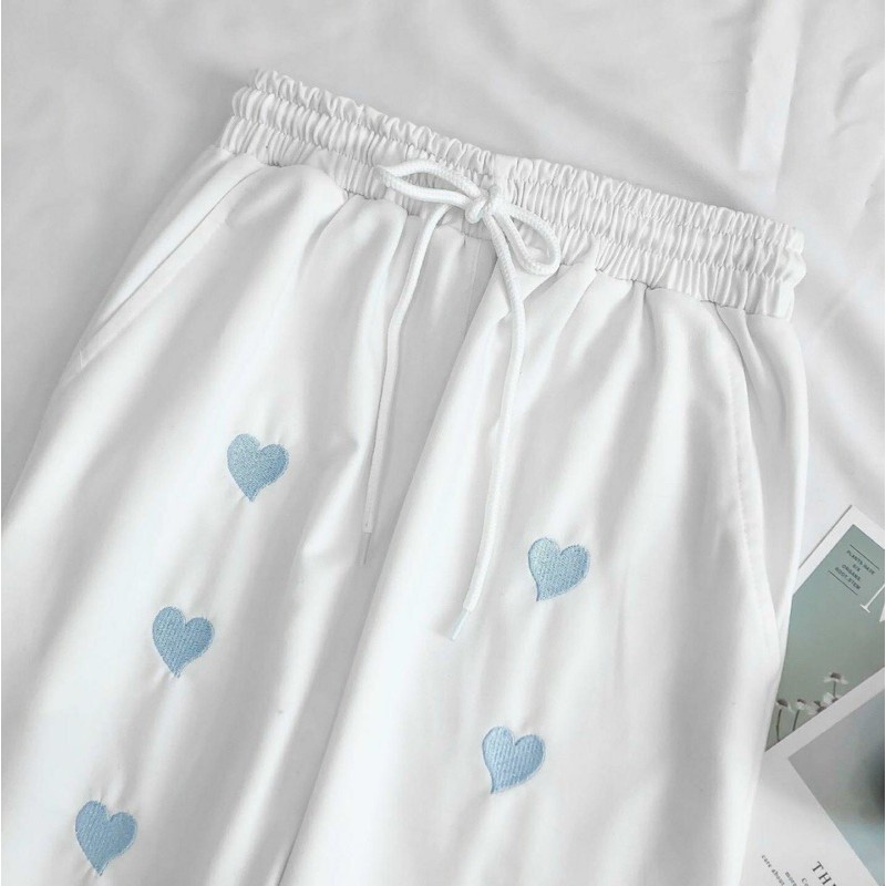 Quần Dài Thun JOGGER CEXI HEART in hình trái tim Form Rộng Ống Suông Phối Rút Gấu Ulzzang