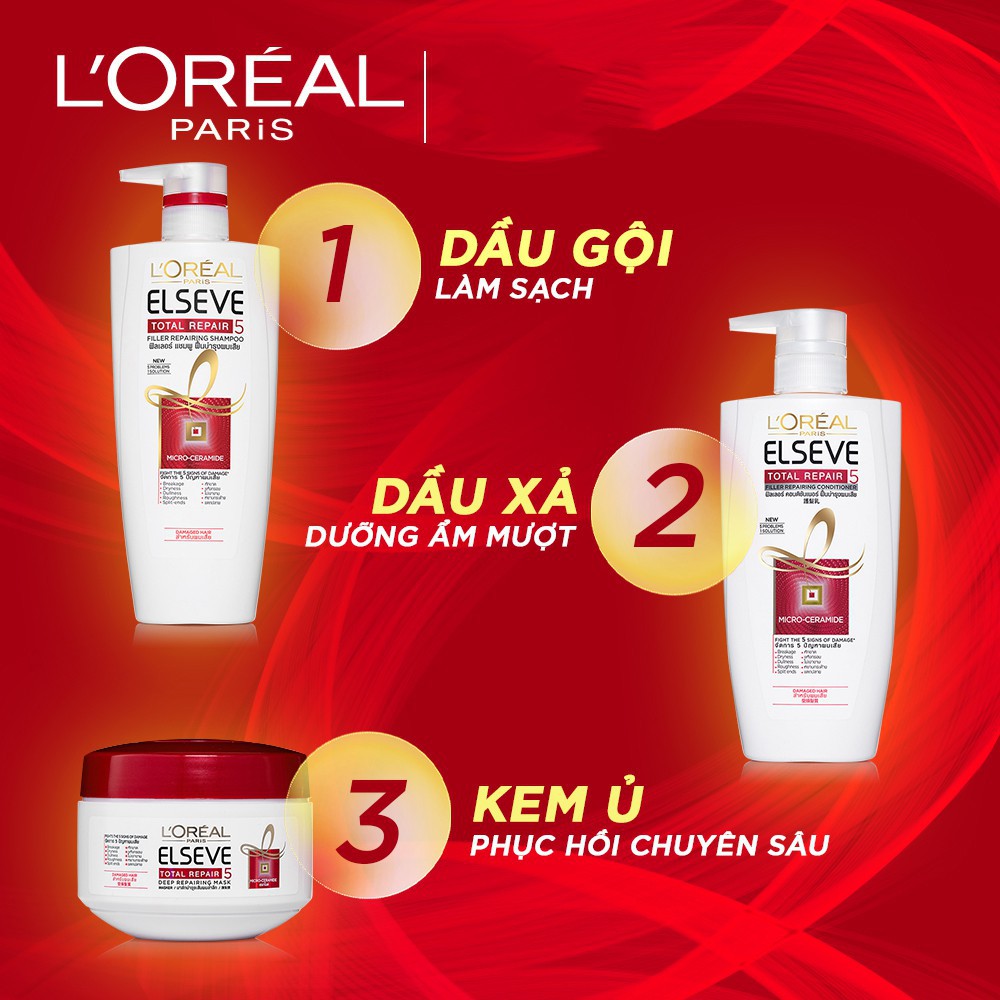 Dầu gội phục hồi tóc L'oreal Paris Elseve Total Repair 5 Repairing Shampoo - Pháp Chính Hãng