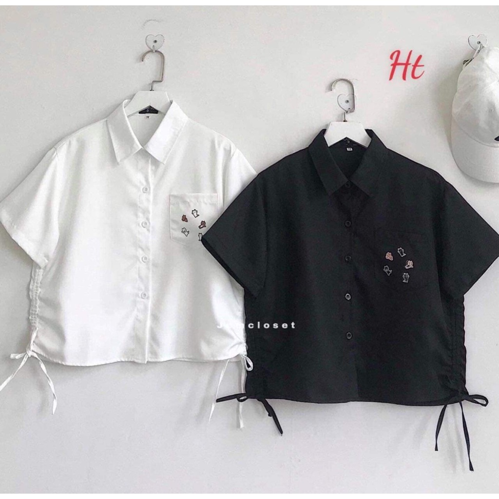 Áo sơ mi Rút eo túi Mèo chất liệu thô lụa (HT)