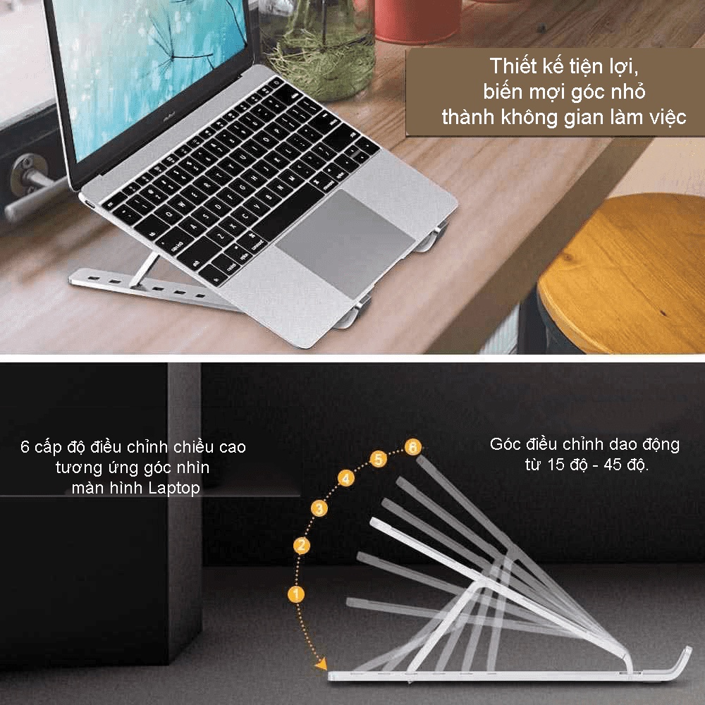 Giá đỡ Laptop, kệ đỡ Laptop MacBook bằng nhôm có thể điều chỉnh độ cao, gập lại được size 16-17" từ Techroom