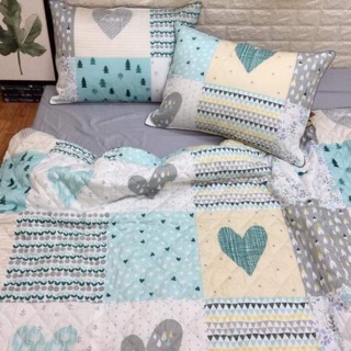 Bộ chăn ga gối Hàn quốc họa tiết quilt tim xanh