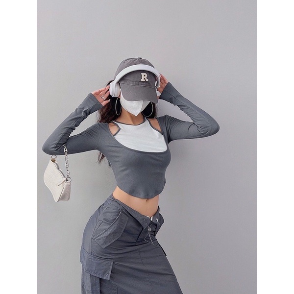 Áo Kiểu Nữ Dài Tay Vạt Bầu Áo Thun Nữ Hàn Quốc Phối Màu Hở Vai Ôm Body Sexy - 25 Store