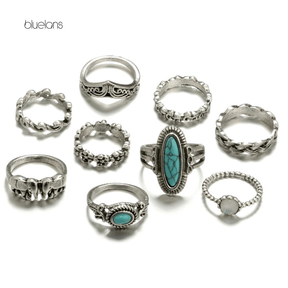 Đèn Bluelans Bluelans Bluelans Chất Lượng Cao❈Vòng Đeo Tay Kiểu Hàn Quốc Chất Lượng Cao❈Bộ Chín Chiếc Nhẫn Kim Loại Hình Học Đính Đá Ngọc Lam Phong Cách Dân Tộc Thời Trang