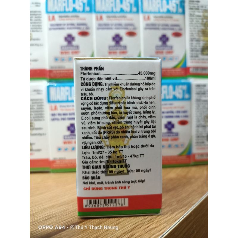 Marflo 45% flo 45 florfenicol hen suyến, tiêu cháy thương hàn, ecoli thú y chó mèo lợn heo gà vịt ngan trâu bò dê cừu