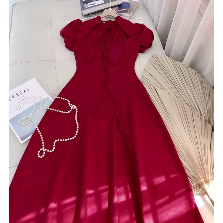 G1-đầm xoè đỏ khoét ngực, phom dài, có mút, chất lụa thái có hình sàn