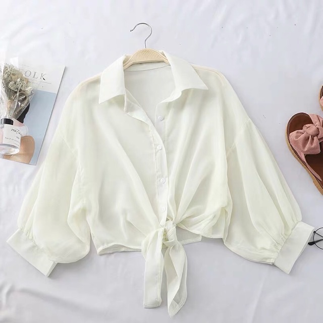 Sơ mi voan đũi mỏng croptop tay phồng thắt dây eo chất mát