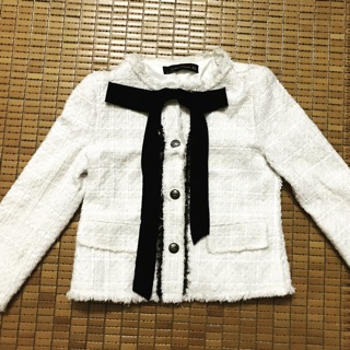 Áo zara xs trắng nơ đen dạ tweed