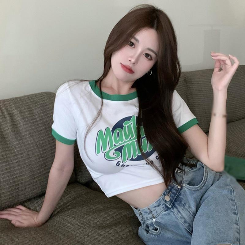 Áo thun croptop ngắn tay cổ tròn màu sắc tương phản phong cách Hàn Quốc thời trang hè cho nữ