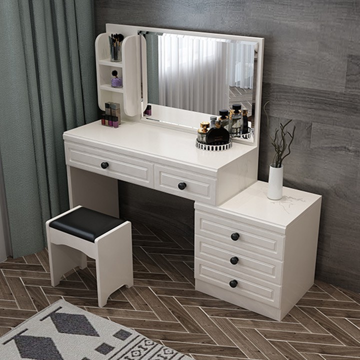 BÀN TRANG ĐIỂM sơn trắng phong cách tân cổ điển sang trọng thiết kế tủ để đồ đảo bên, sản phẩm có kèm gương và ghế ngồi.