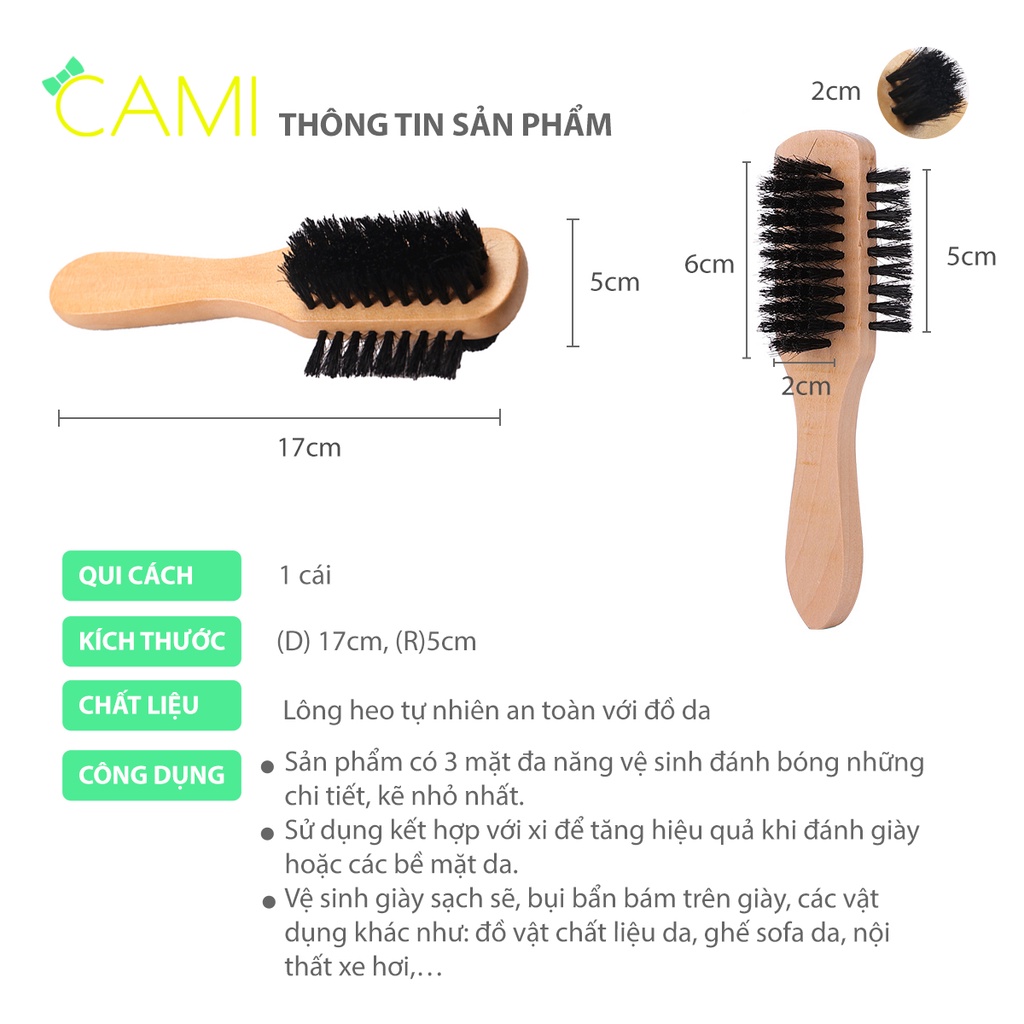 Bàn chải lông heo 3 mặt cán gỗ, vệ sinh các kẽ nhỏ giày, ghế sofa, túi da - Cami - CMPK253