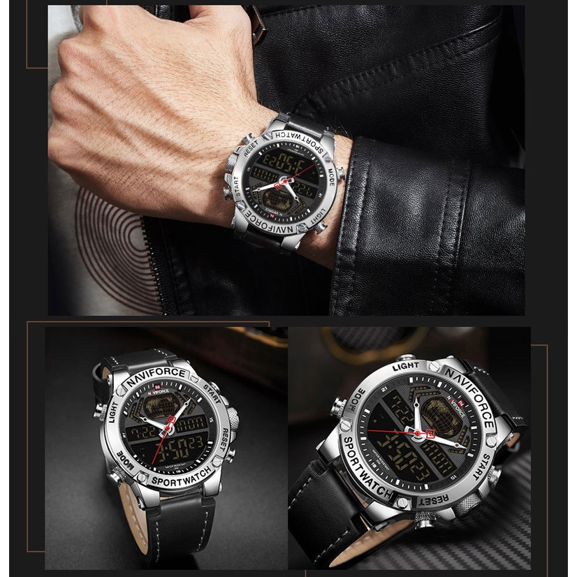 Đồng Hồ Điện Tử Nam NAVIFORCE 9164 Chống Nước Với Dây Đeo Da