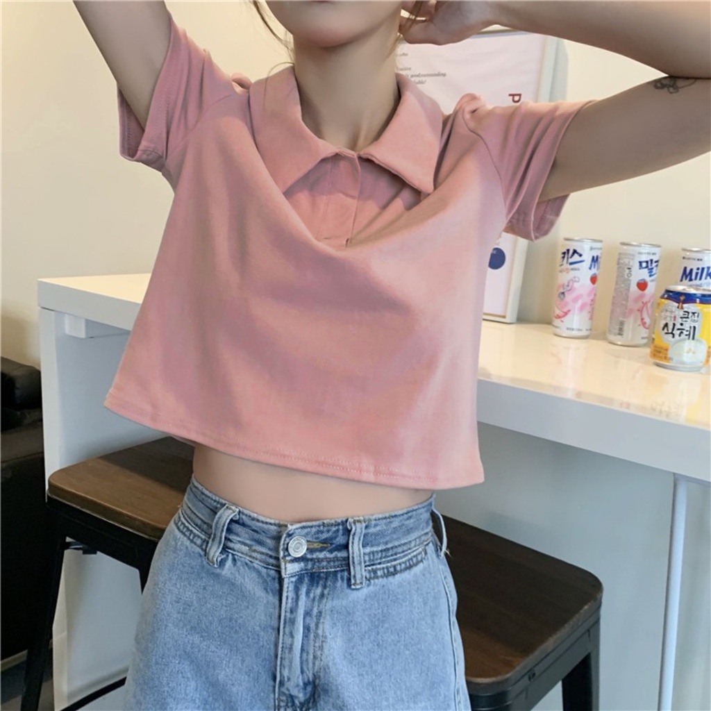 Áo croptop polo nữ vải cotton đẹp có cổ tay ngắn màu trắng đen ghi hồng, Ao crop top Geleva GE761