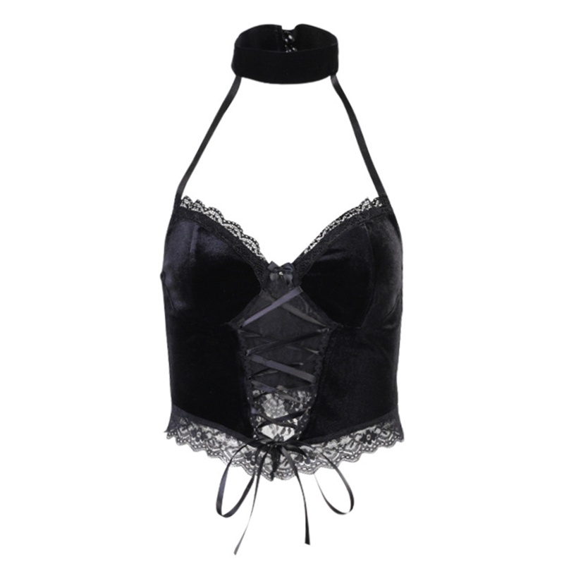 Áo croptop hai dây cổ chữ v khoét sâu bằng vải nhung viền ren phong cách gothic quyến rũ dành cho nữ