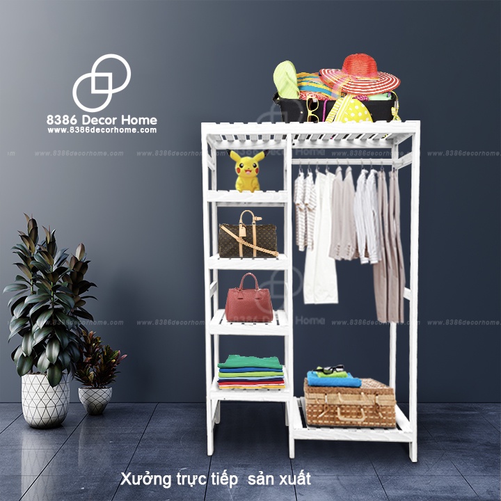 Kệ treo quần áo 2 ngăn gỗ thông sơn màu trắng Decor homstay, phòng khách sạn, trang trí, cửa hàng shop quần áo